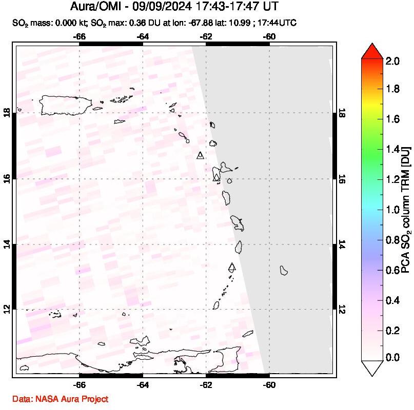 A sulfur dioxide image over Montserrat, West Indies on Sep 09, 2024.