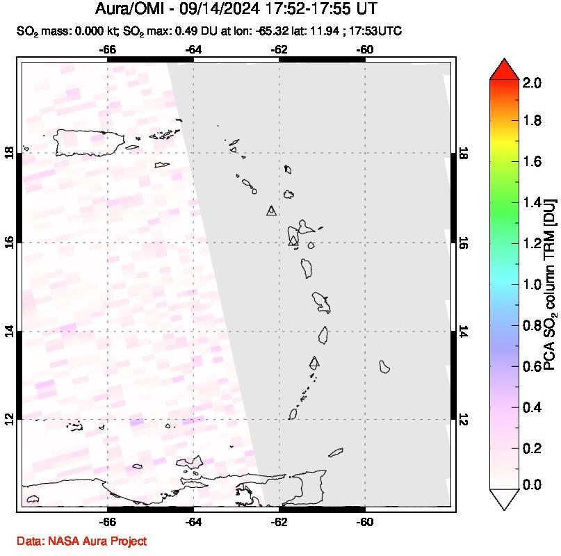 A sulfur dioxide image over Montserrat, West Indies on Sep 14, 2024.