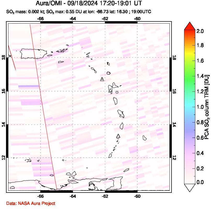 A sulfur dioxide image over Montserrat, West Indies on Sep 18, 2024.