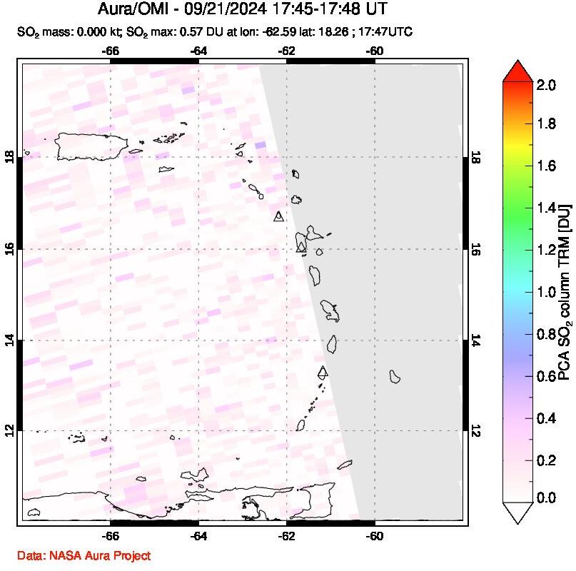 A sulfur dioxide image over Montserrat, West Indies on Sep 21, 2024.