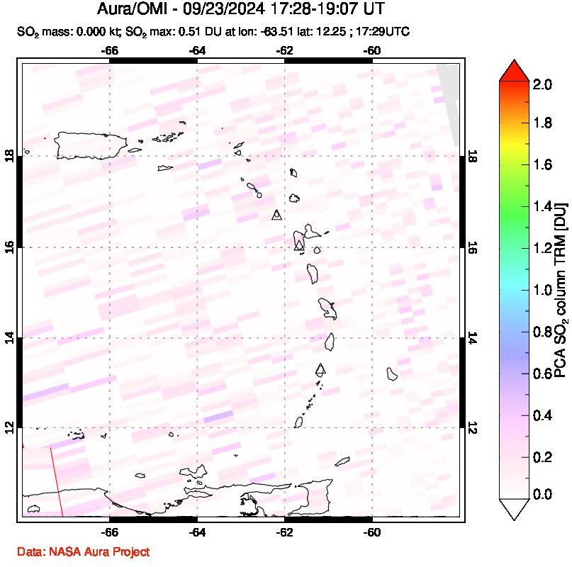 A sulfur dioxide image over Montserrat, West Indies on Sep 23, 2024.