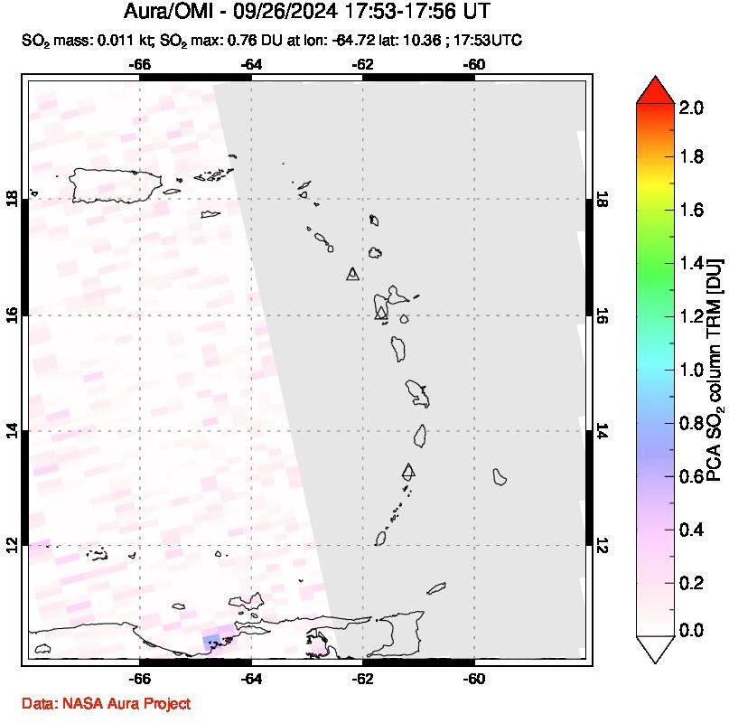 A sulfur dioxide image over Montserrat, West Indies on Sep 26, 2024.