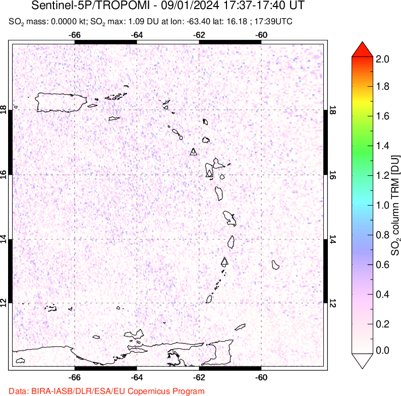 A sulfur dioxide image over Montserrat, West Indies on Sep 01, 2024.