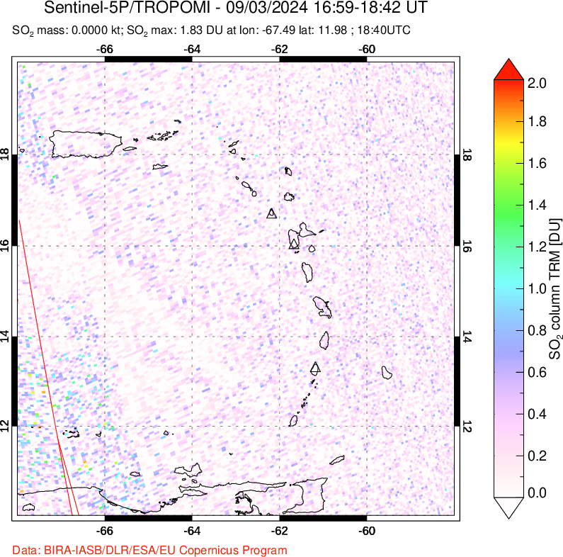 A sulfur dioxide image over Montserrat, West Indies on Sep 03, 2024.