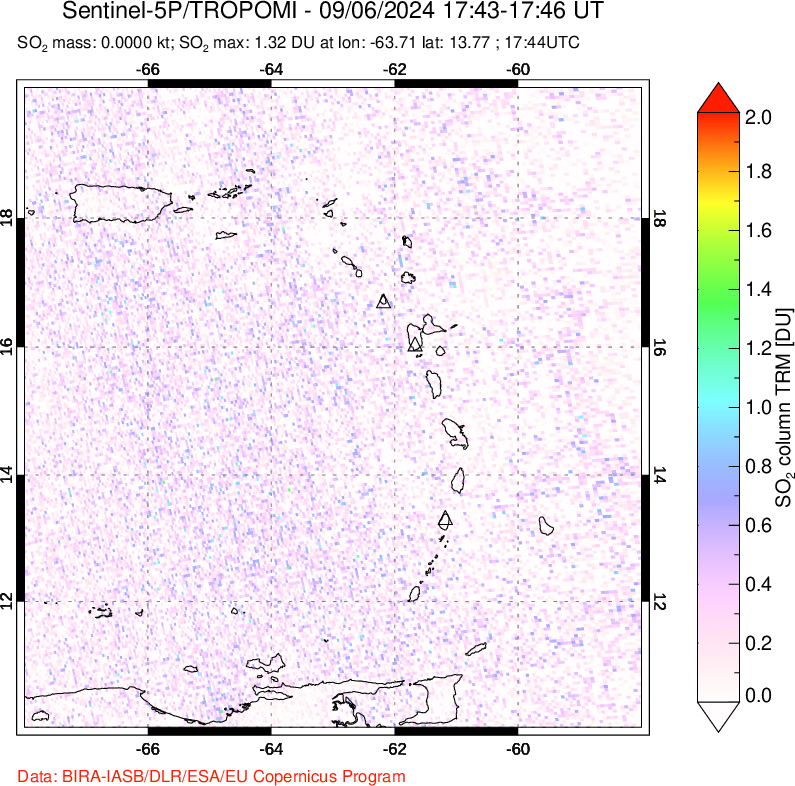 A sulfur dioxide image over Montserrat, West Indies on Sep 06, 2024.