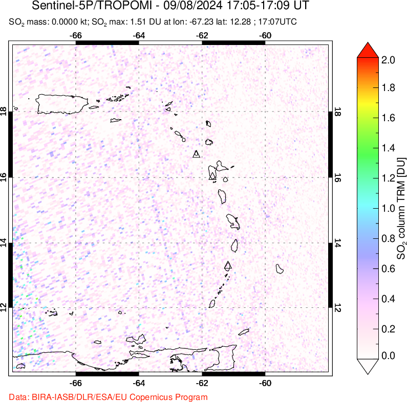 A sulfur dioxide image over Montserrat, West Indies on Sep 08, 2024.