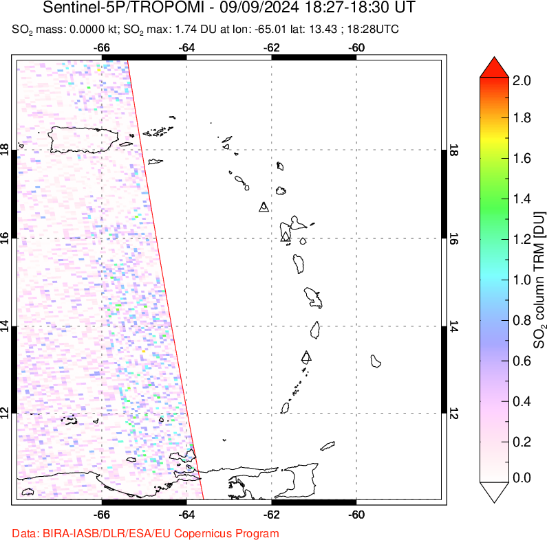 A sulfur dioxide image over Montserrat, West Indies on Sep 09, 2024.