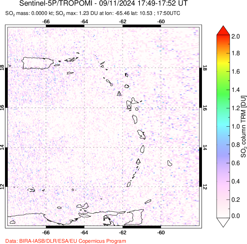 A sulfur dioxide image over Montserrat, West Indies on Sep 11, 2024.