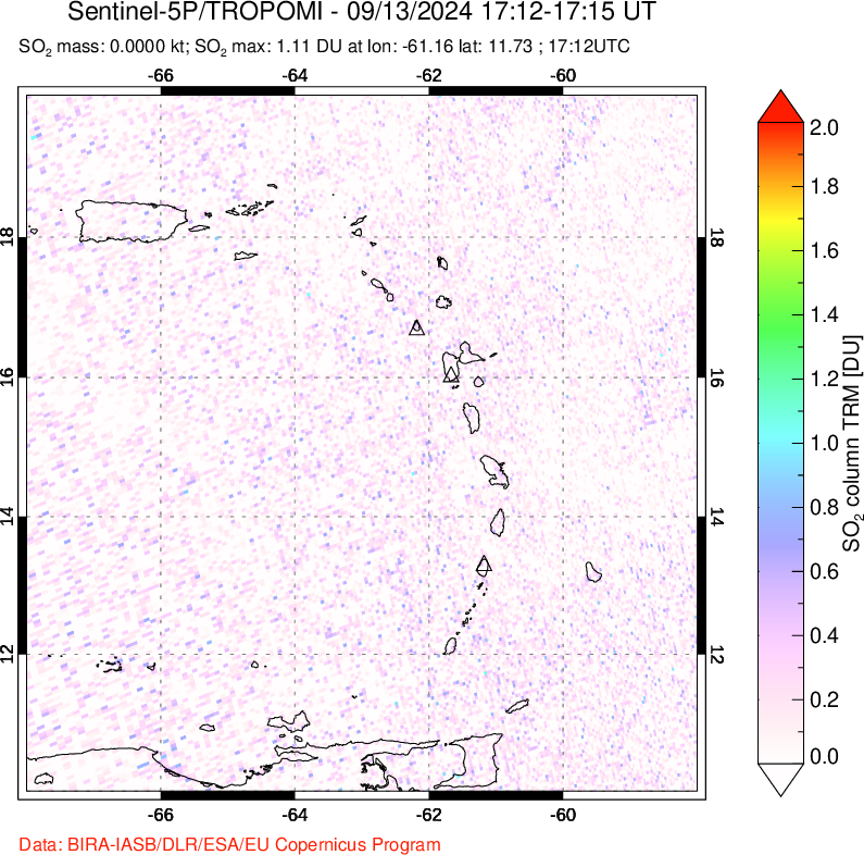 A sulfur dioxide image over Montserrat, West Indies on Sep 13, 2024.