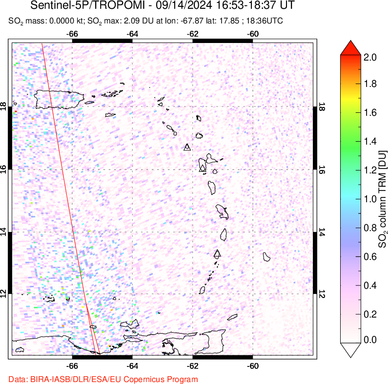 A sulfur dioxide image over Montserrat, West Indies on Sep 14, 2024.