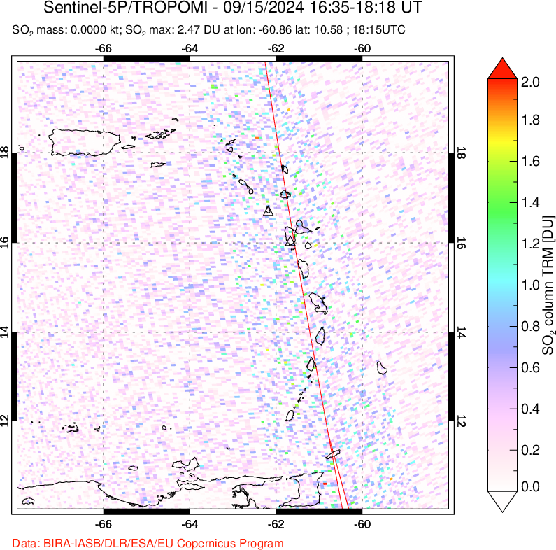 A sulfur dioxide image over Montserrat, West Indies on Sep 15, 2024.