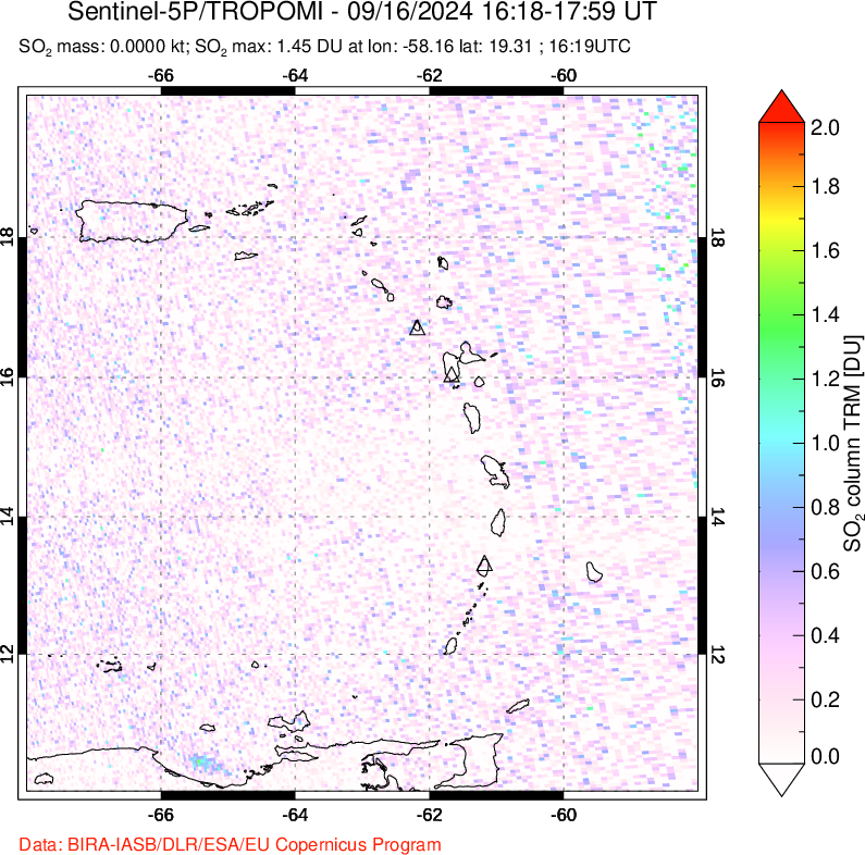 A sulfur dioxide image over Montserrat, West Indies on Sep 16, 2024.