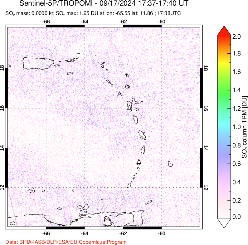 A sulfur dioxide image over Montserrat, West Indies on Sep 17, 2024.