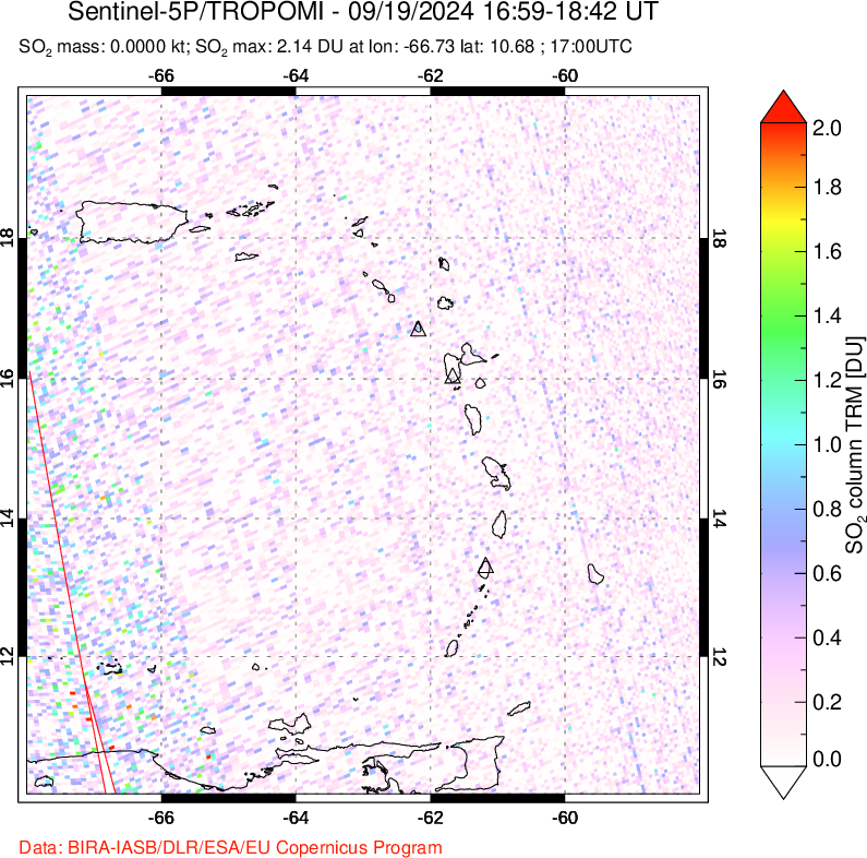 A sulfur dioxide image over Montserrat, West Indies on Sep 19, 2024.