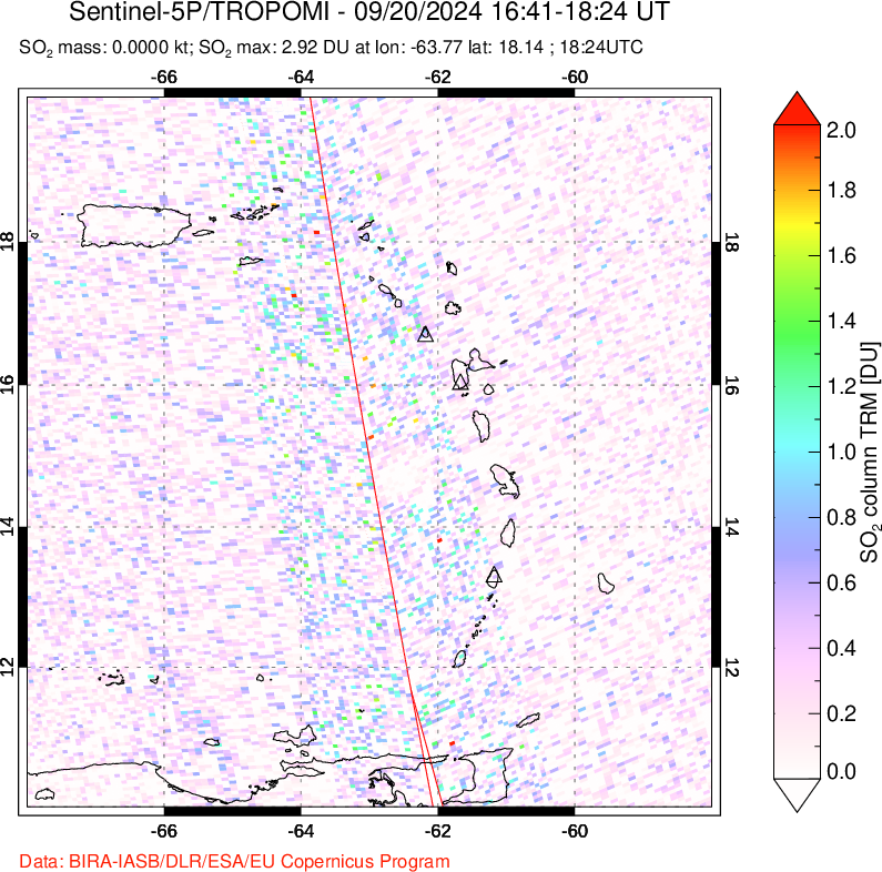 A sulfur dioxide image over Montserrat, West Indies on Sep 20, 2024.