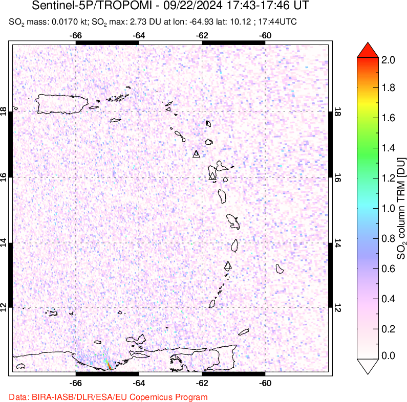 A sulfur dioxide image over Montserrat, West Indies on Sep 22, 2024.