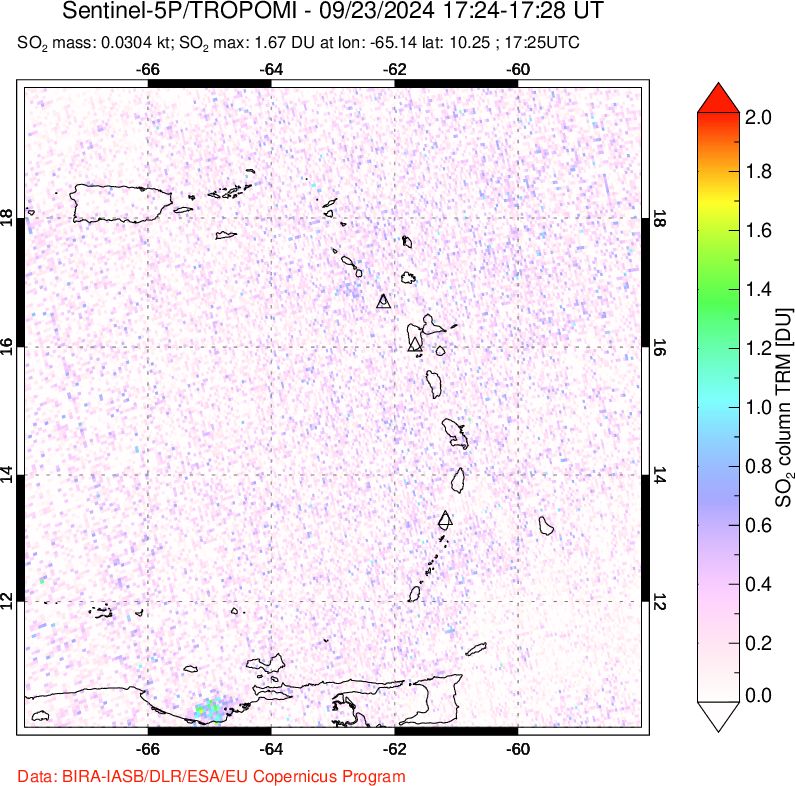 A sulfur dioxide image over Montserrat, West Indies on Sep 23, 2024.