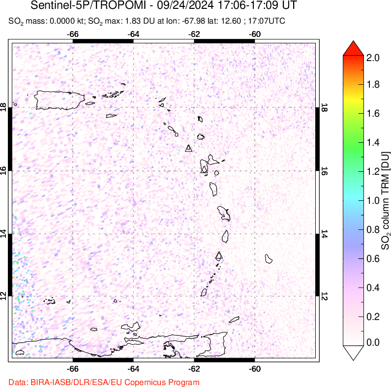 A sulfur dioxide image over Montserrat, West Indies on Sep 24, 2024.