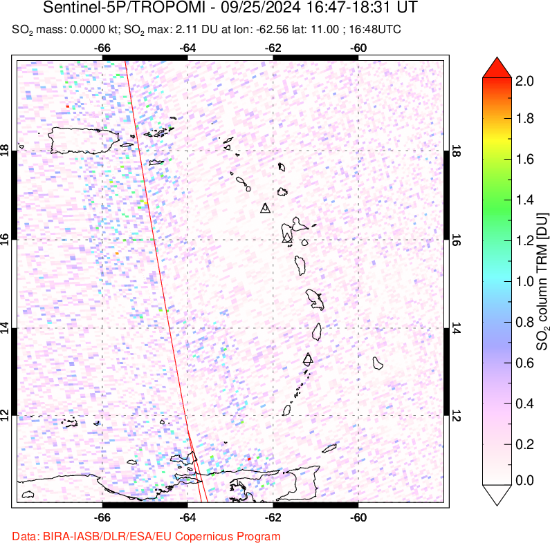 A sulfur dioxide image over Montserrat, West Indies on Sep 25, 2024.