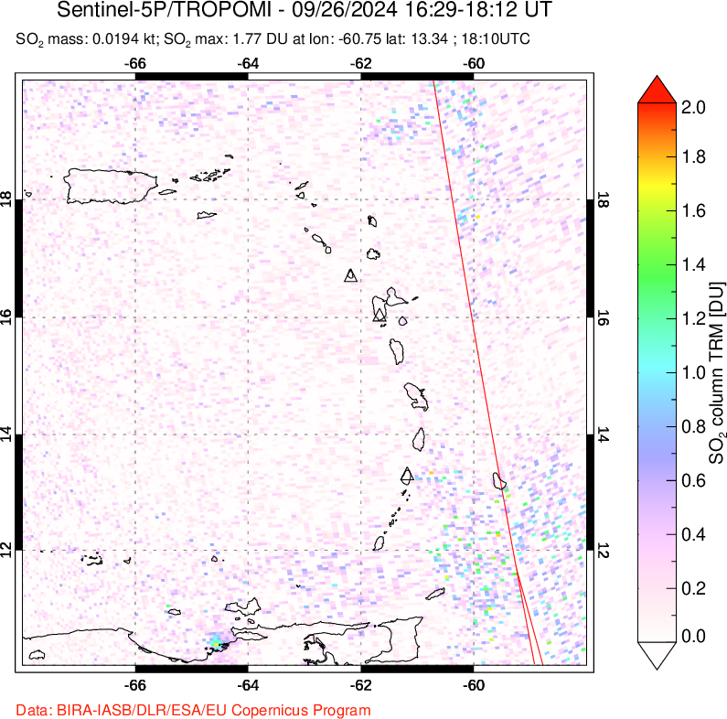 A sulfur dioxide image over Montserrat, West Indies on Sep 26, 2024.