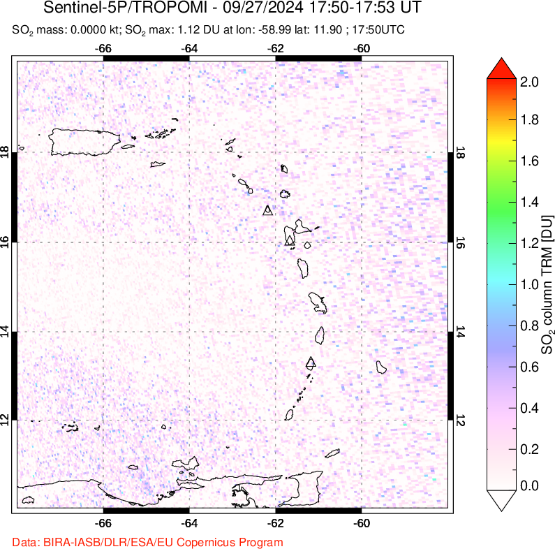 A sulfur dioxide image over Montserrat, West Indies on Sep 27, 2024.