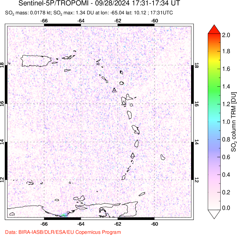 A sulfur dioxide image over Montserrat, West Indies on Sep 28, 2024.