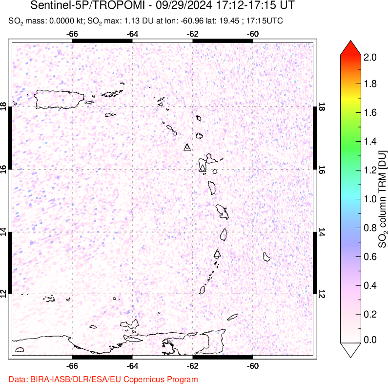 A sulfur dioxide image over Montserrat, West Indies on Sep 29, 2024.