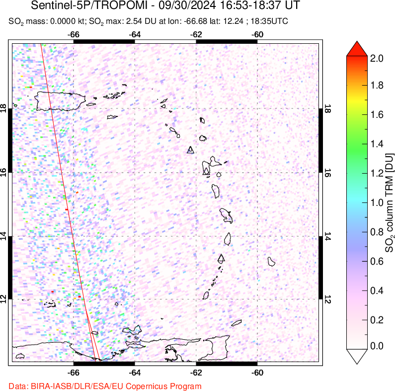 A sulfur dioxide image over Montserrat, West Indies on Sep 30, 2024.