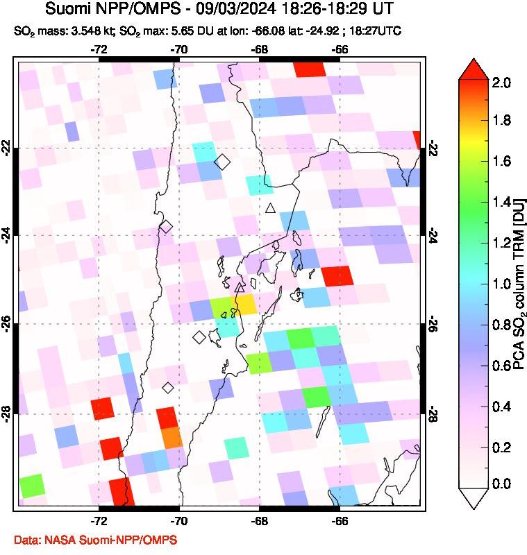 A sulfur dioxide image over Northern Chile on Sep 03, 2024.