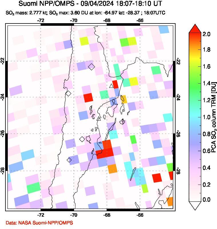 A sulfur dioxide image over Northern Chile on Sep 04, 2024.