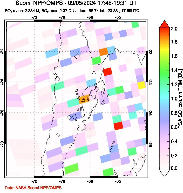 A sulfur dioxide image over Northern Chile on Sep 05, 2024.