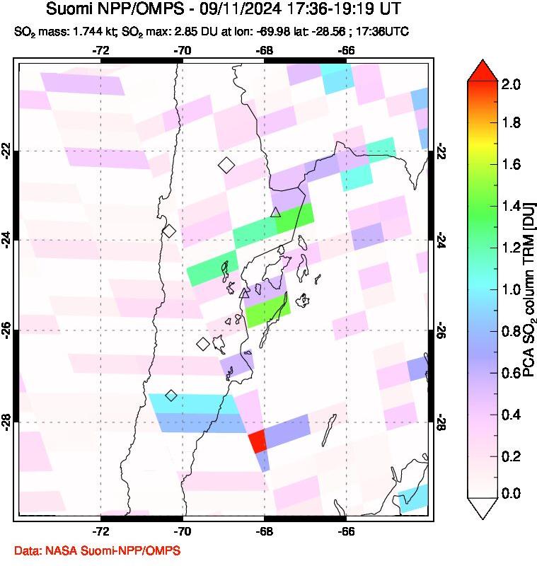 A sulfur dioxide image over Northern Chile on Sep 11, 2024.