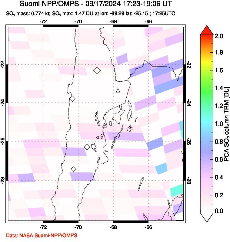 A sulfur dioxide image over Northern Chile on Sep 17, 2024.