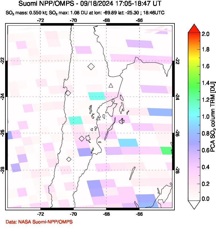 A sulfur dioxide image over Northern Chile on Sep 18, 2024.