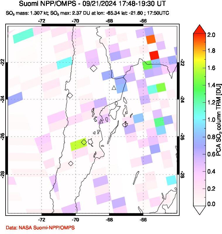 A sulfur dioxide image over Northern Chile on Sep 21, 2024.