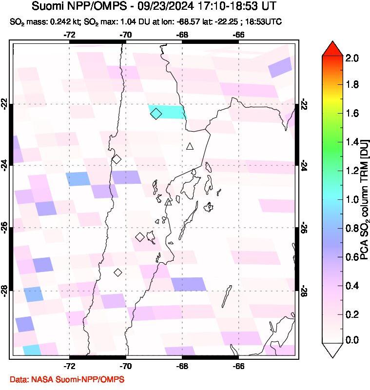 A sulfur dioxide image over Northern Chile on Sep 23, 2024.