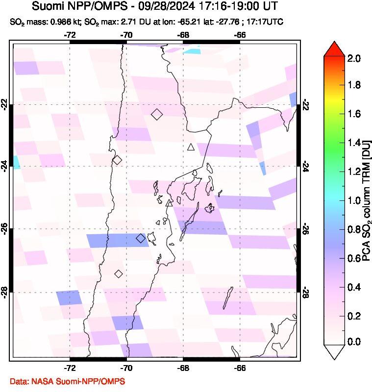 A sulfur dioxide image over Northern Chile on Sep 28, 2024.