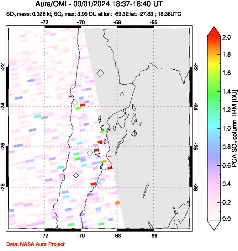 A sulfur dioxide image over Northern Chile on Sep 01, 2024.