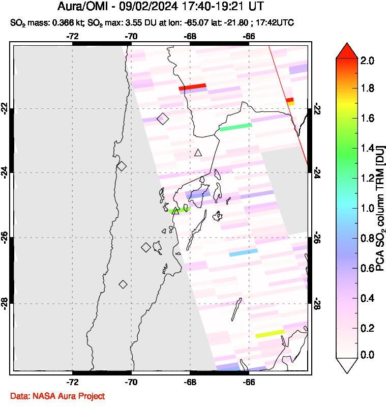 A sulfur dioxide image over Northern Chile on Sep 02, 2024.