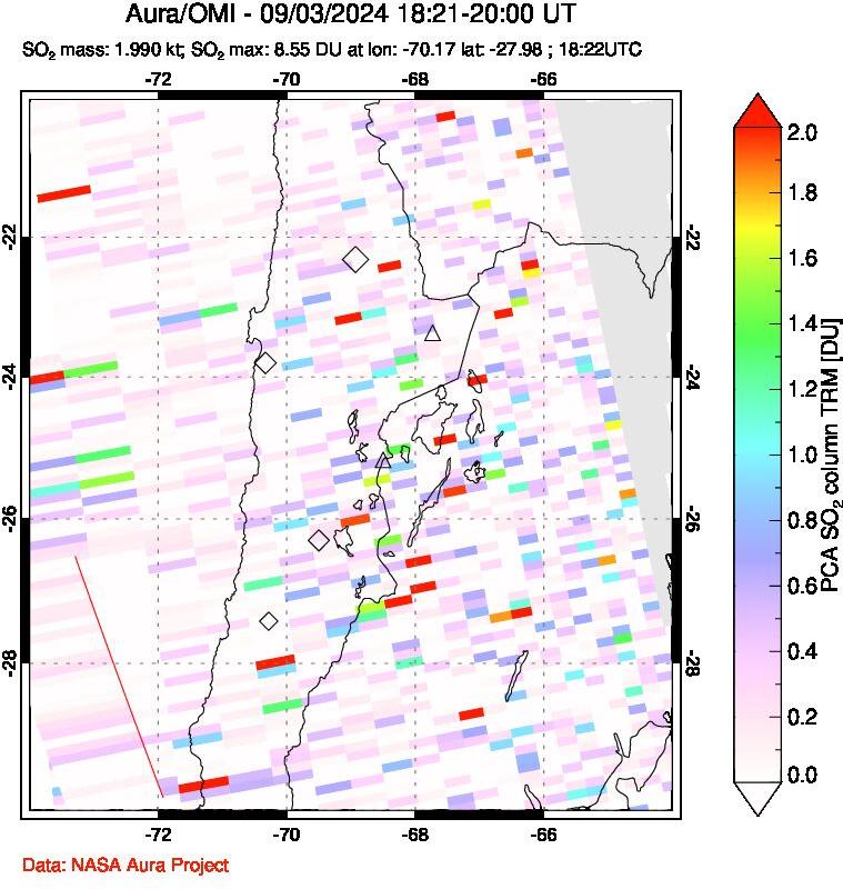 A sulfur dioxide image over Northern Chile on Sep 03, 2024.