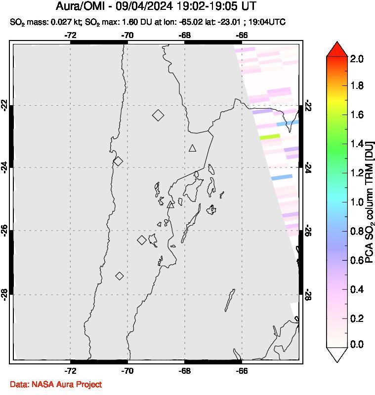 A sulfur dioxide image over Northern Chile on Sep 04, 2024.