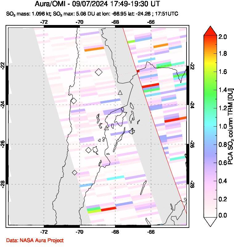 A sulfur dioxide image over Northern Chile on Sep 07, 2024.