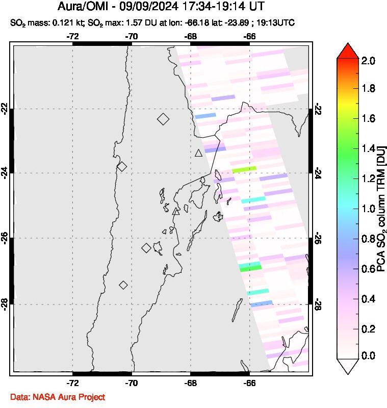 A sulfur dioxide image over Northern Chile on Sep 09, 2024.