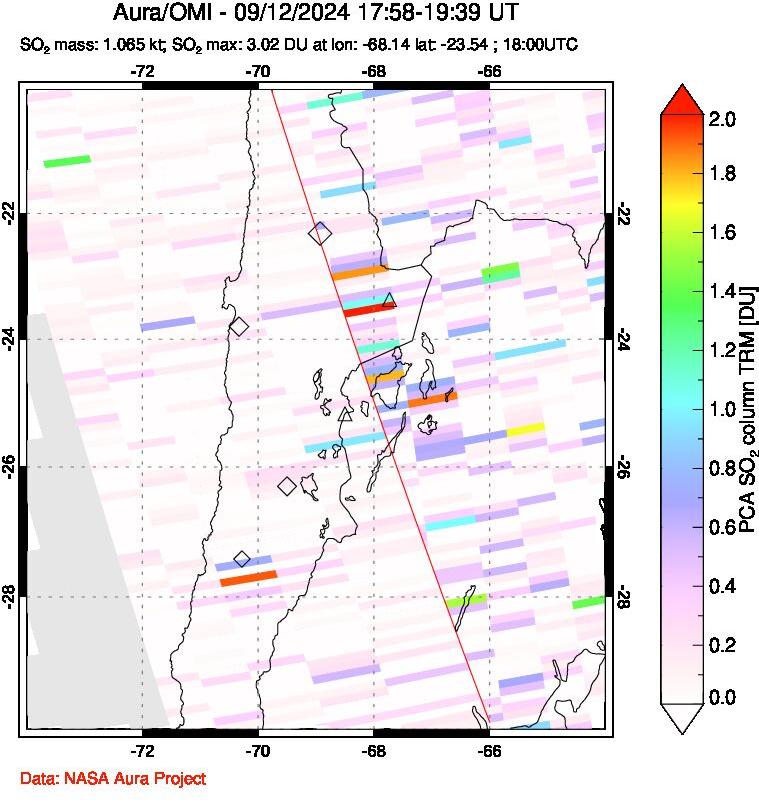 A sulfur dioxide image over Northern Chile on Sep 12, 2024.