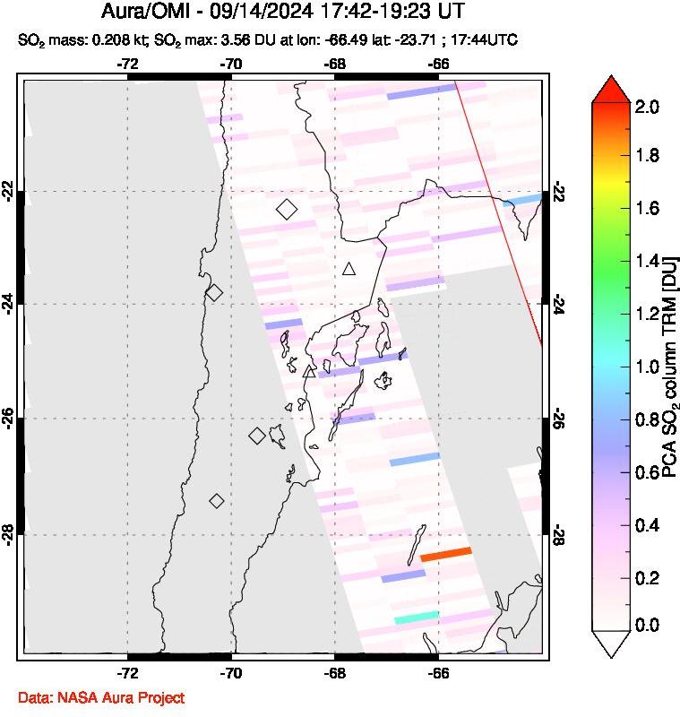 A sulfur dioxide image over Northern Chile on Sep 14, 2024.