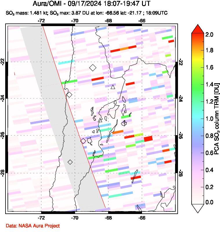 A sulfur dioxide image over Northern Chile on Sep 17, 2024.