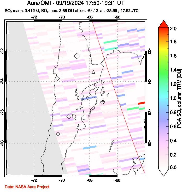 A sulfur dioxide image over Northern Chile on Sep 19, 2024.