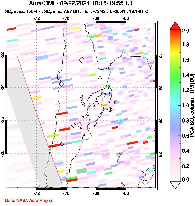 A sulfur dioxide image over Northern Chile on Sep 22, 2024.