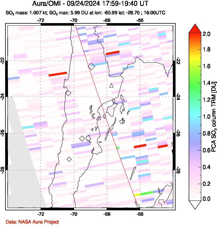 A sulfur dioxide image over Northern Chile on Sep 24, 2024.