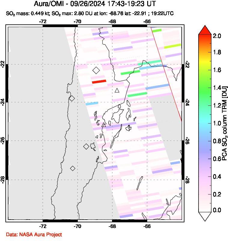 A sulfur dioxide image over Northern Chile on Sep 26, 2024.